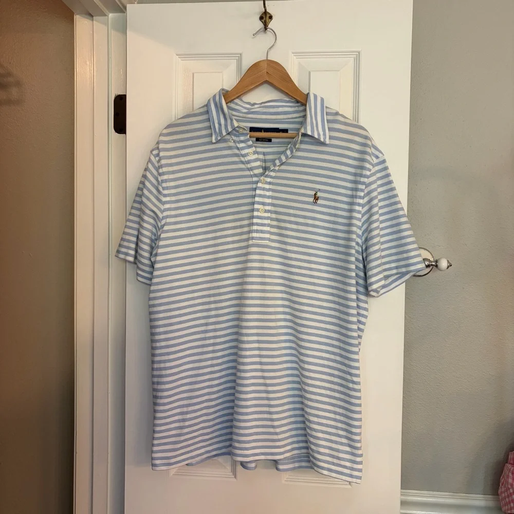 Men’s Ralph Lauren Blue Striped Knit Oxford Short Sleeved Polo Size XL